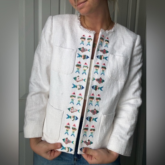Talbots Jackets & Blazers - Talbots Women's Cream Textured Blazer with Colorful Embroidery